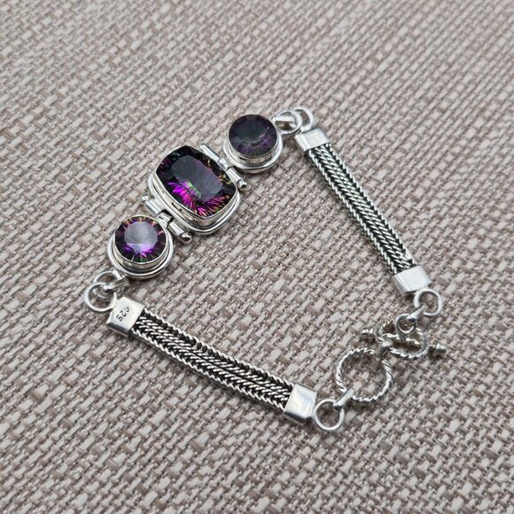 7.5-8 Inch Sterling Silver Triple Mystic Quartz Gemstone Chain Bracelet B872 - Picture 3 of 9